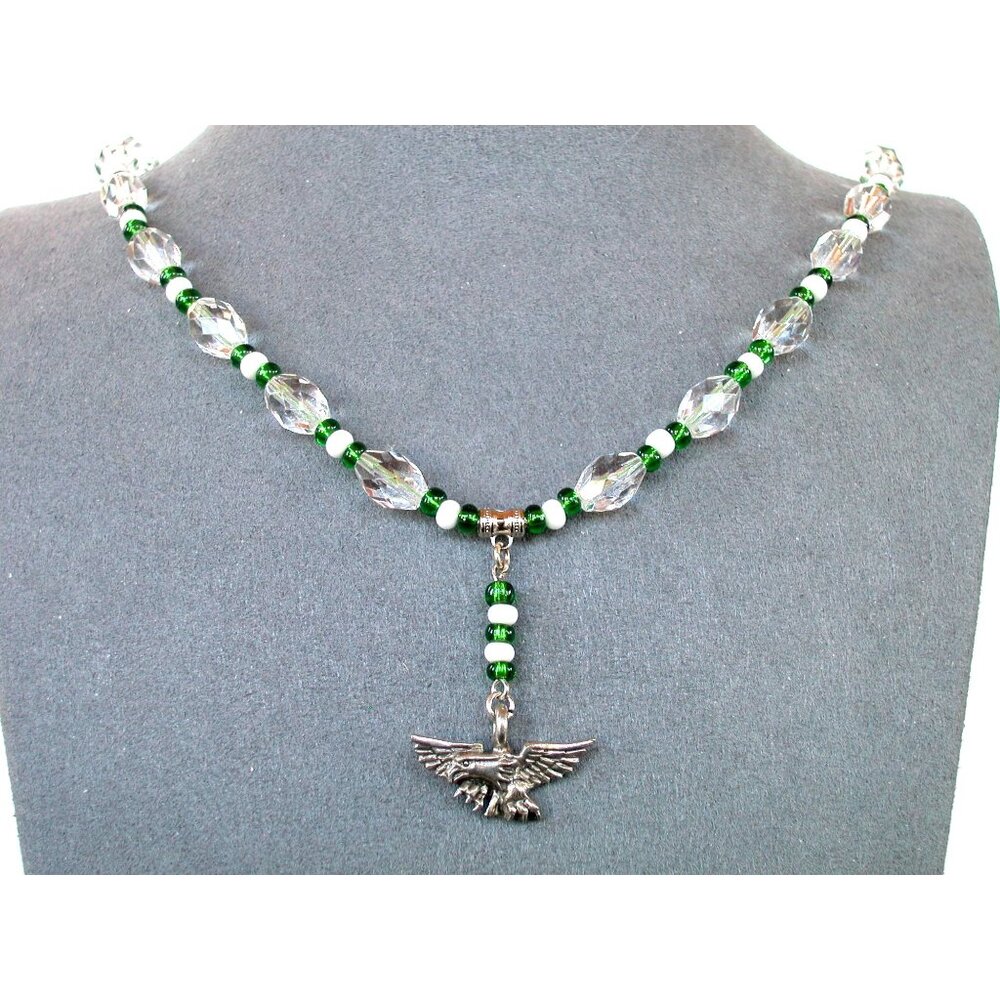 Handcrafted Eagle Pendant Necklace Green White Crystal Glass Beaded 20"